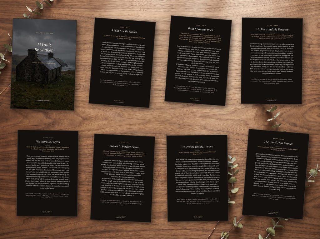 The seven night devotional shown as printed cards on a table