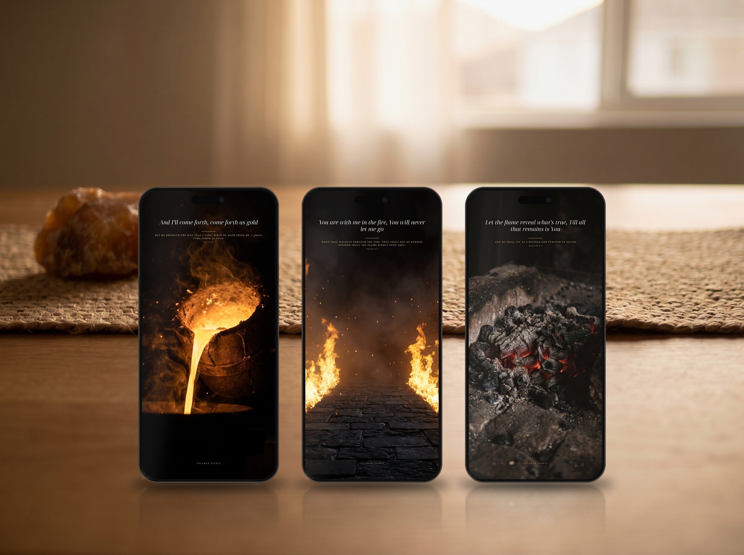 All three phone wallpapers from this set shown on three phones